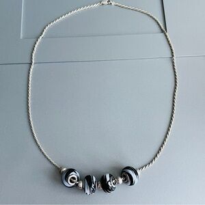 Black & White Glass Beads on Sterling Silver  Rope Chain Necklace Vintage